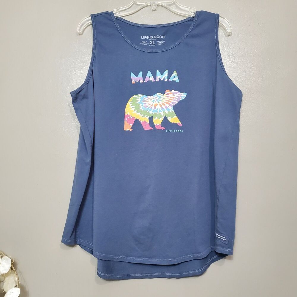 Life Is Good Mama Bear Crusher Tank Top Tee Womens Size XL Blue Tie Dye